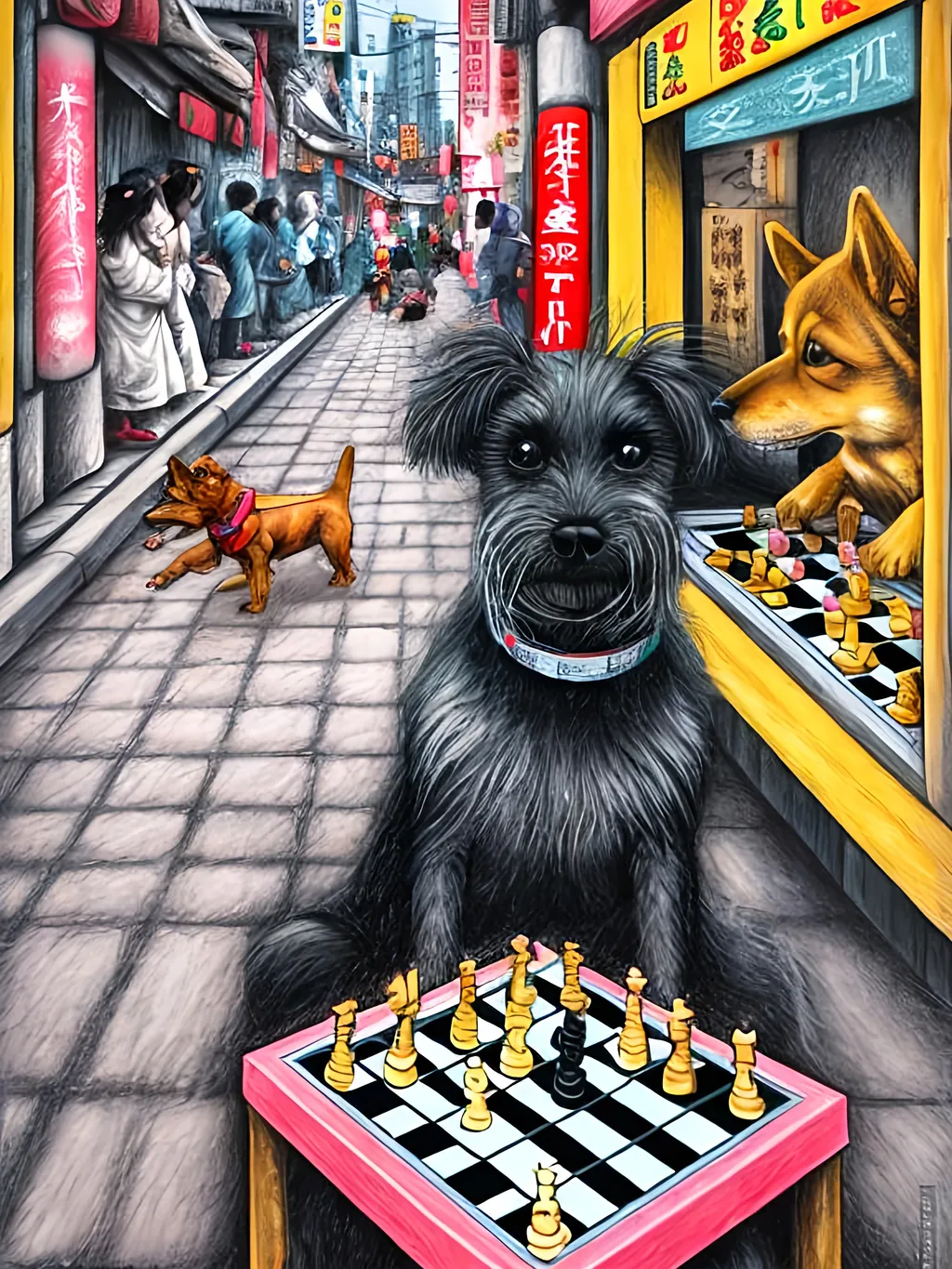 Prompt: pop art chalk pastel art of detailed dog playing chess in the streets in Japan during a festival, sketch, detailed background, highres, fun atmosphere, natural lighting,  abstract, fun