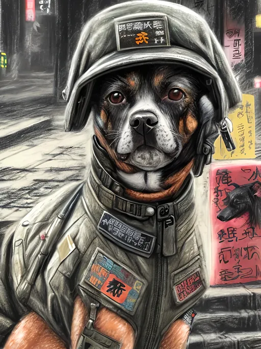 Prompt: chalk pastel art of a detailed dog military clothes on the streets in cyberpunk japan during a festival, sketch, detailed background, highres, fun atmosphere, natural lighting,  abstract, fun