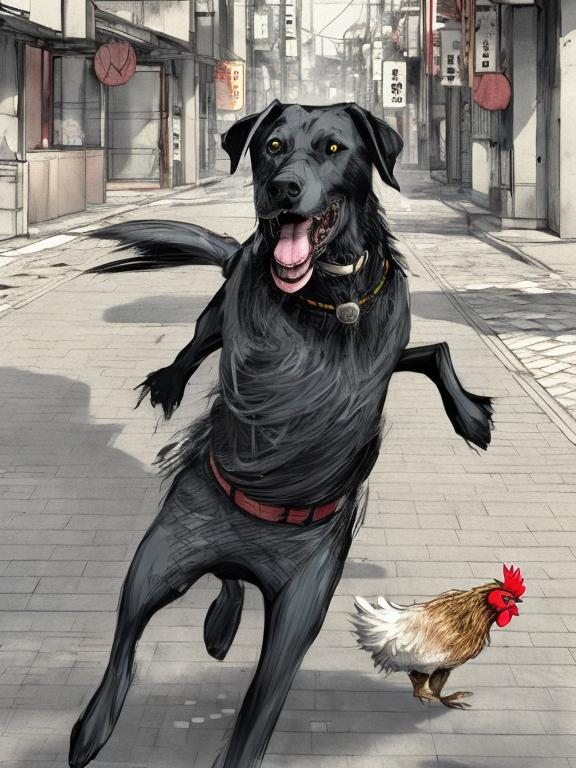 Prompt: a male black dog wearing clothes chasing a chicken in the streets in japan, sketch, detailed background, highres, fun atmosphere, natural lighting, pastel colors, abstract, fun