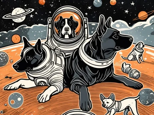 Prompt: Art Nouveau style black dogs in space in astronaut outfits