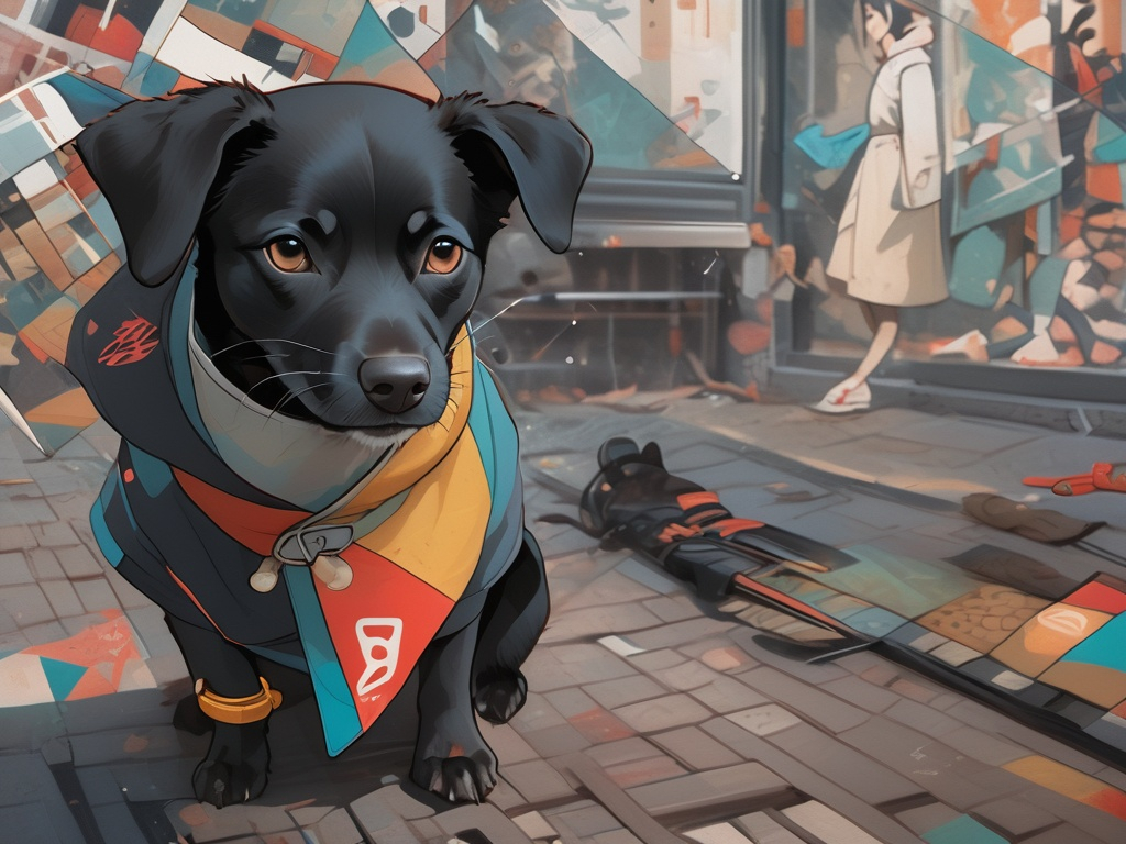 Prompt: black dog wearing ninja clothes having fun in the streets with a battle in the background, dogs, abstract art, Screen print, digital art, 8k resolution trending on Artstation, golden ratio, akira, rule of thirds, geometric bauhaus, Studio Ghibli, Anime Key Visual, by Makoto Shinkai, Deep Color, Intricate, 8k resolution concept art, Natural Lighting, Beautiful Composition