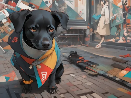 Prompt: black dog wearing ninja clothes having fun in the streets with a battle in the background, dogs, abstract art, Screen print, digital art, 8k resolution trending on Artstation, golden ratio, akira, rule of thirds, geometric bauhaus, Studio Ghibli, Anime Key Visual, by Makoto Shinkai, Deep Color, Intricate, 8k resolution concept art, Natural Lighting, Beautiful Composition