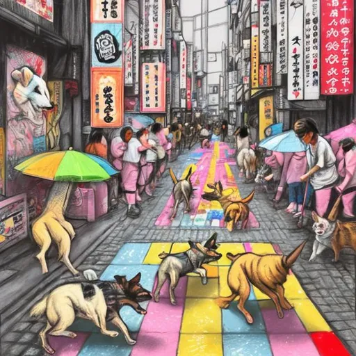 Prompt: pop art chalk pastel art of detailed dogs playing in the streets in japan during a festival, sketch, detailed background, highres, fun atmosphere, natural lighting,  abstract, fun