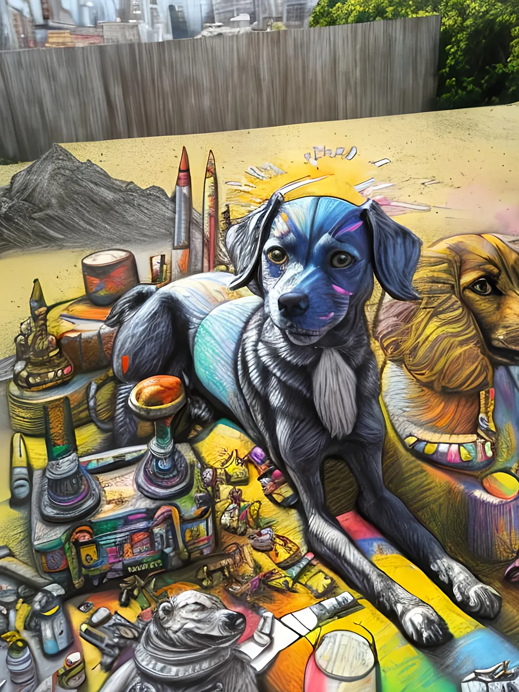 Prompt: pop art chalk pastel art of detailed dog as the sphinx in toyko, sketch, detailed background, highres, fun atmosphere, natural lighting,  abstract, fun