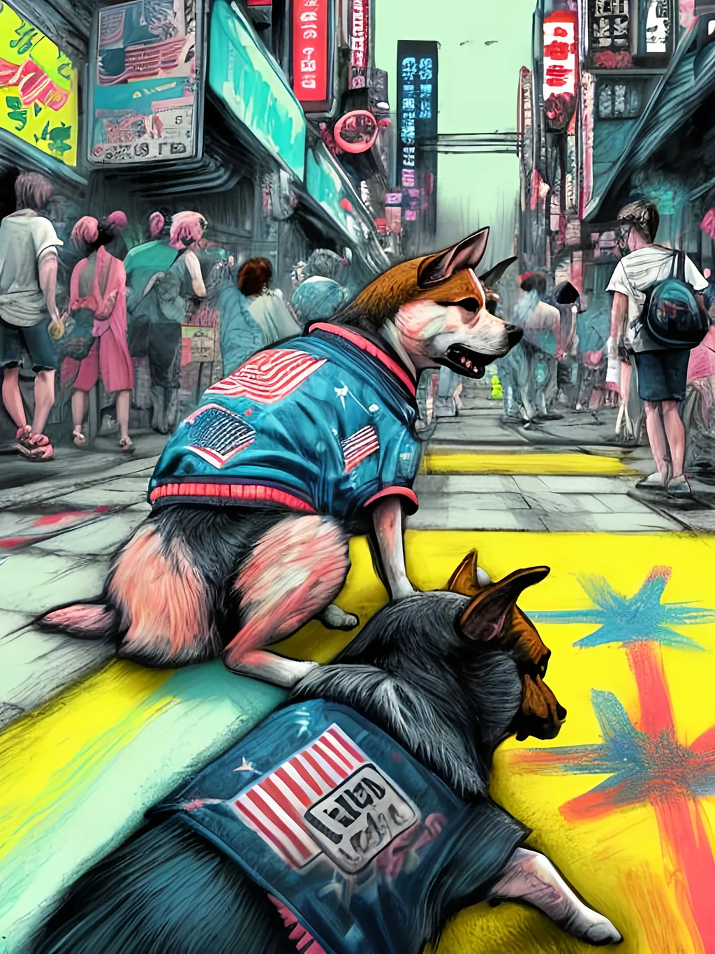 Prompt: pop art chalk pastel art of detailed dog wearing USA clothes playing in the streets in cyberpunk japan during a festival, sketch, detailed background, highres, fun atmosphere, natural lighting,  abstract, fun