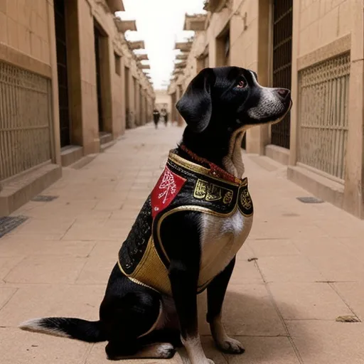 Prompt: black mountain cur dog dressed as yakuza in egypt