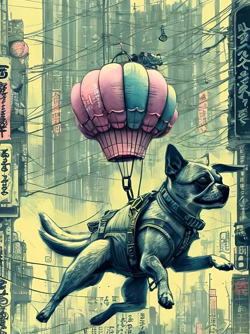 Prompt: chalk pastel style of a  detailed dog parachuting in cyberpunk japan, sketch, detailed background, highres, fun atmosphere, natural lighting,  abstract, fun