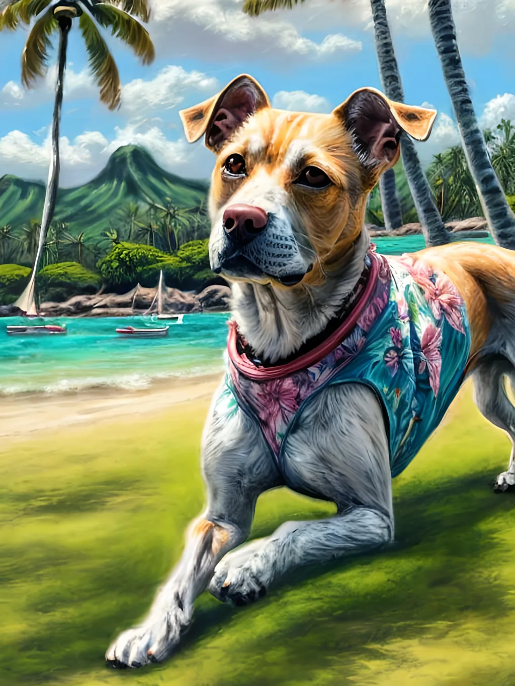 Prompt: chalk pastel style of a  detailed dog in a Hawaiian shirt in Jamaica, sketch, detailed background, highres, fun atmosphere, natural lighting,  abstract, fun