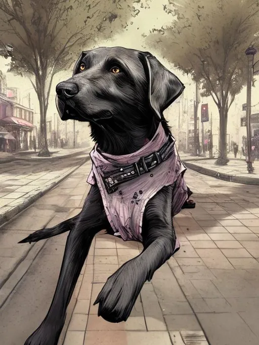 Prompt: a black dog wearing clothes having fun in the streets, sketch, detailed background, highres, fun atmosphere, natural lighting, pastel colors