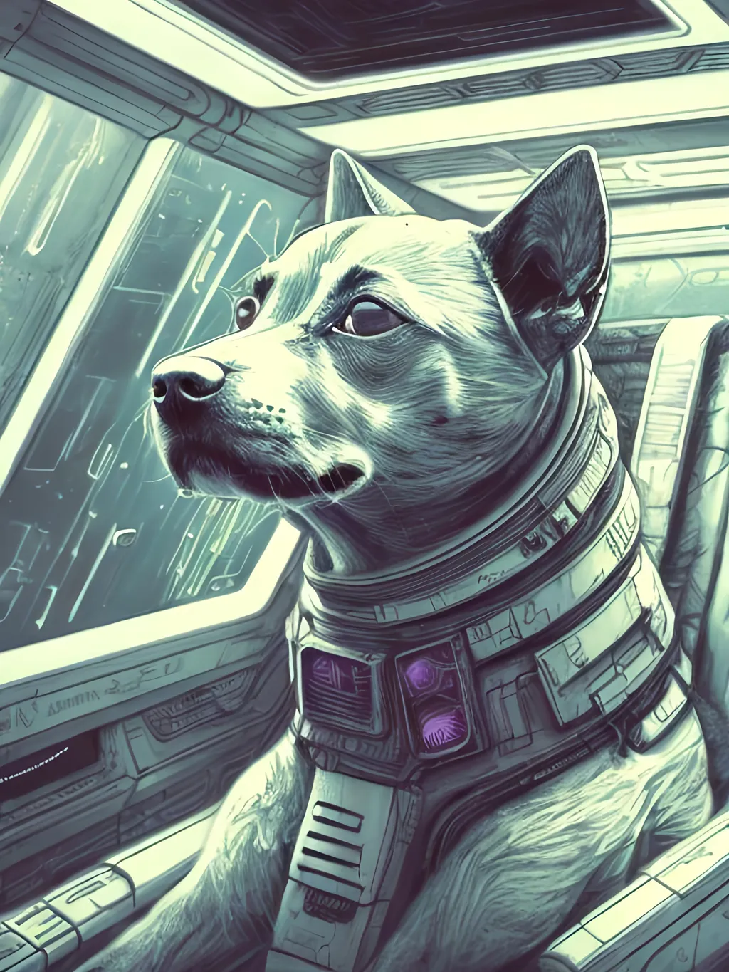 Prompt: chalk pastel style of a  detailed dog in a cyberpunk spaceship, sketch, detailed background, highres, fun atmosphere, natural lighting,  abstract, fun