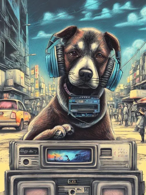 Prompt: chalk pastel art of a detailed dog listening to music on a tape player on the streets in post-apocalyptic Japan during a festival with planes in the background, sketch, detailed background, highres, fun atmosphere, natural lighting,  abstract, fun