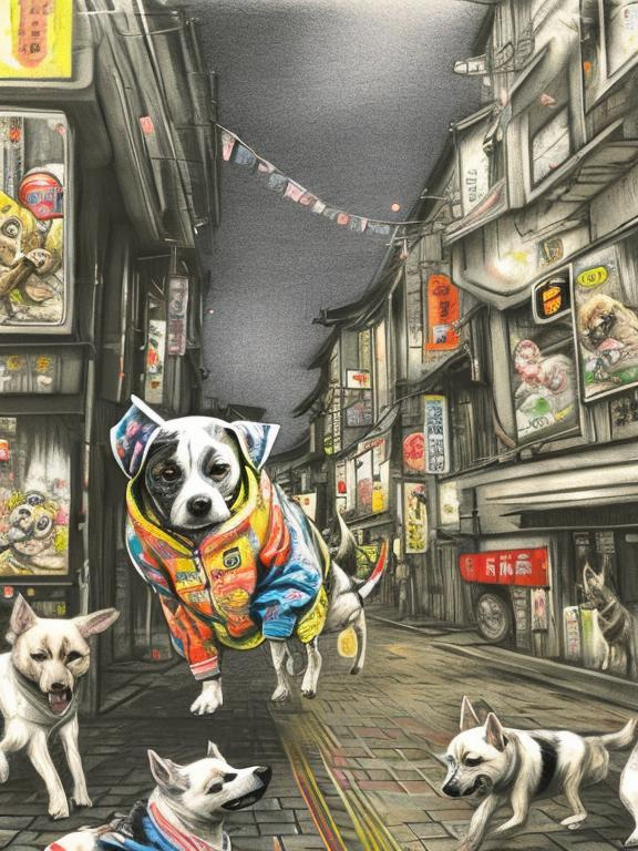 Prompt: pop art chalk pastel art of detailed dogs wearing clothes playing in the streets in japan during a festival, sketch, detailed background, highres, fun atmosphere, natural lighting,  abstract, fun