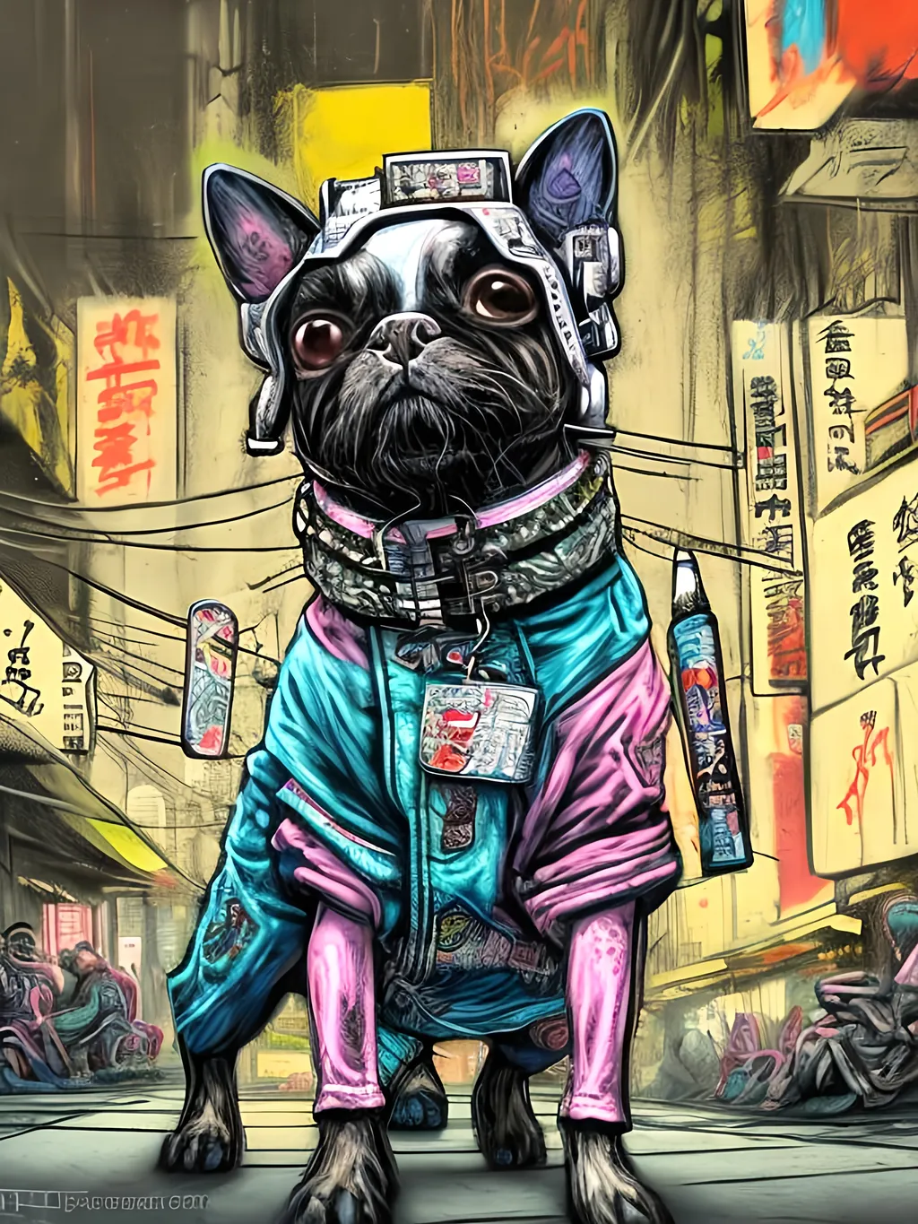 Prompt: pop art chalk pastel art of detailed dogs wearing gangster clothes playing in the streets in cyberpunk japan during a festival, sketch, detailed background, highres, fun atmosphere, natural lighting,  abstract, fun