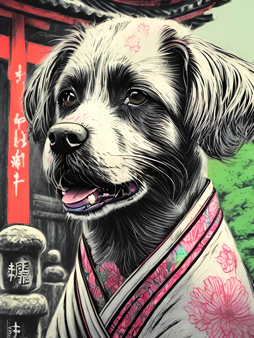 Prompt: pop art chalk pastel style of a  detailed dog in a kimono at a shrine, sketch, detailed background, highres, fun atmosphere, natural lighting,  abstract, fun