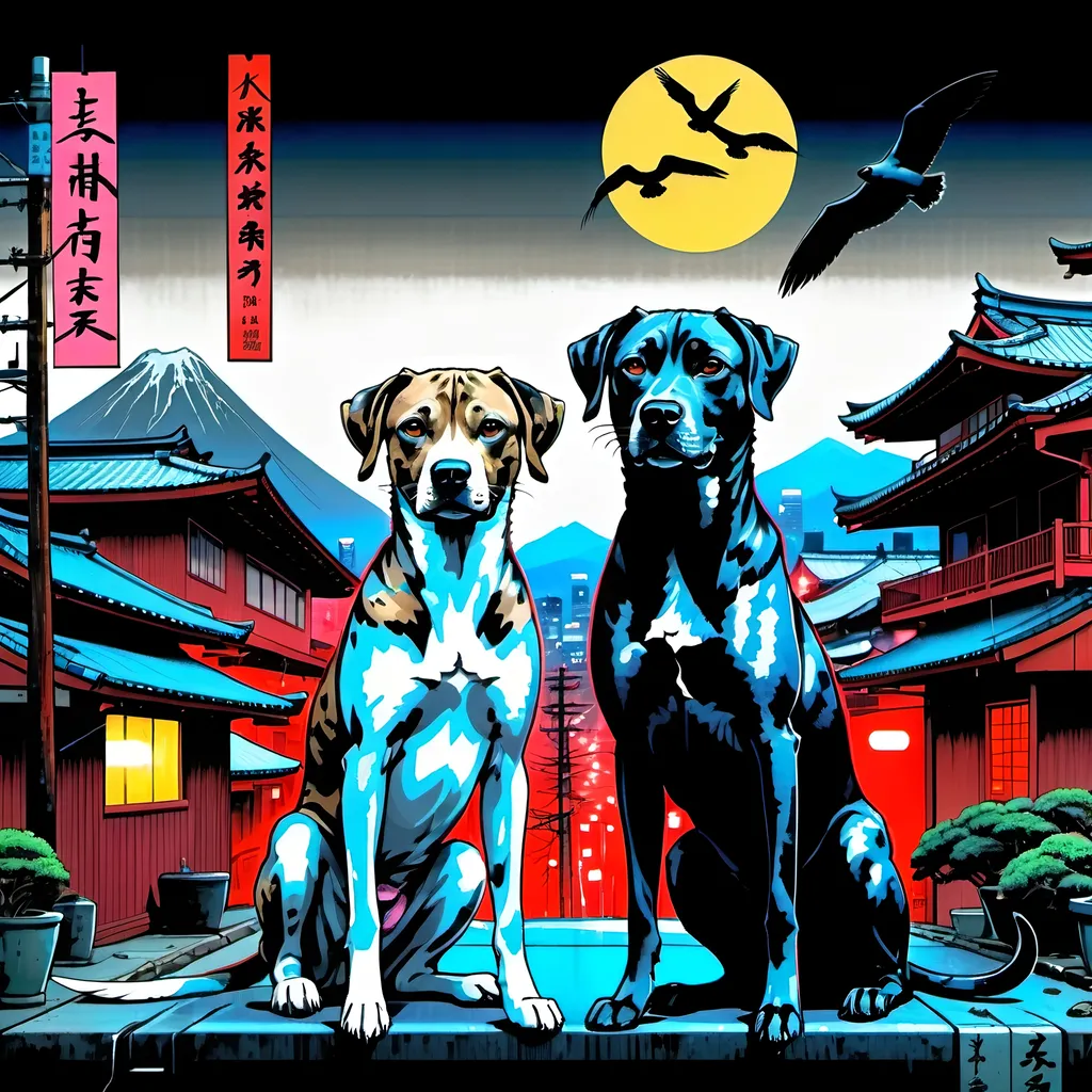 Prompt: black mountain cur dogs in cyberpunk hiroshige