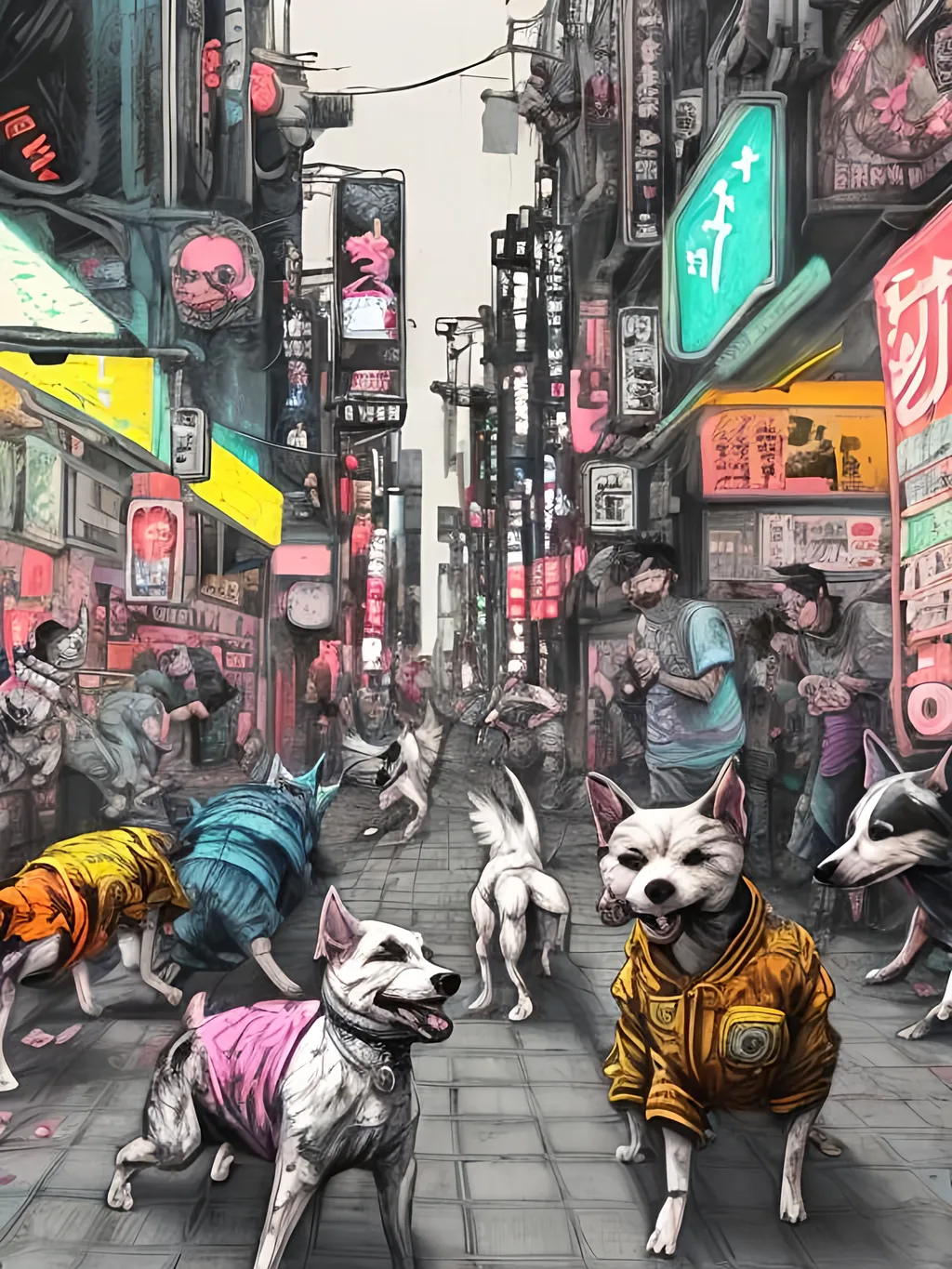 Prompt: pop art chalk pastel art of detailed dogs wearing gangster clothes playing in the streets in cyberpunk japan during a festival, sketch, detailed background, highres, fun atmosphere, natural lighting,  abstract, fun