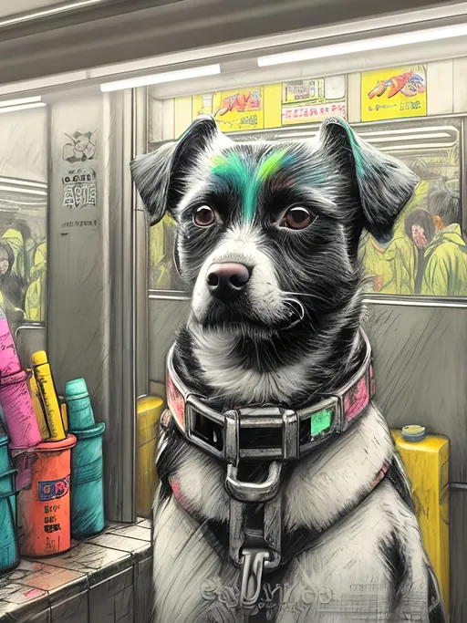 Prompt: pop art chalk pastel art of detailed dog at a subway in cyberpunk japan, sketch, detailed background, highres, fun atmosphere, natural lighting,  abstract, fun