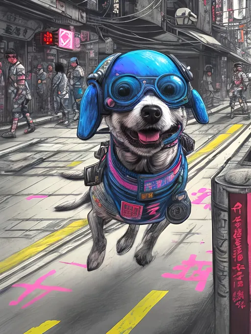 Prompt: pop art chalk pastel art of a detailed dog wearing a pilot uniform playing in the streets in cyberpunk japan during a festival, sketch, detailed background, highres, fun atmosphere, natural lighting,  abstract, fun