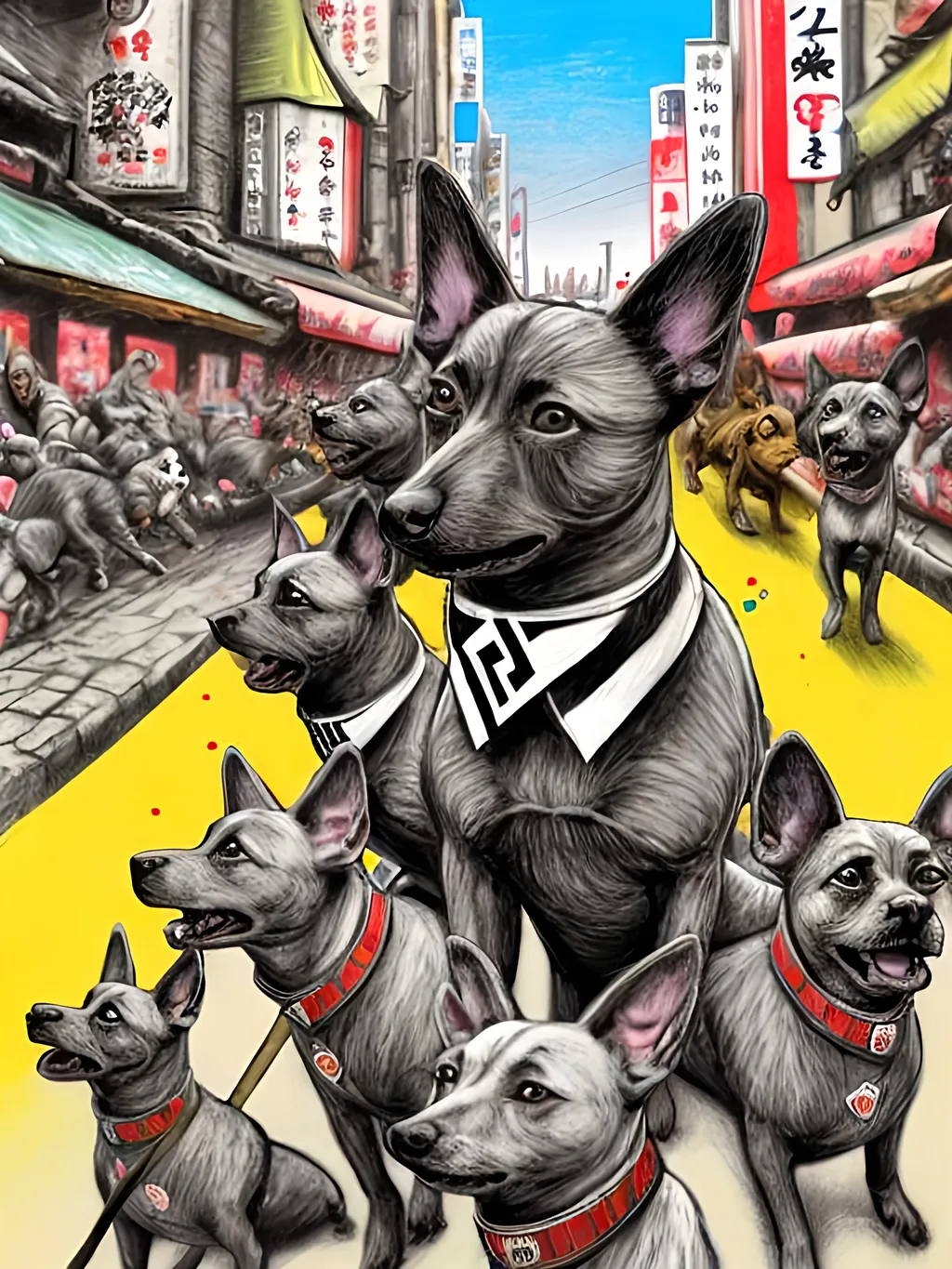 Prompt: pop art chalk pastel art of detailed dogs wearing nazi uniforms playing in the streets in japan during a festival, sketch, detailed background, highres, fun atmosphere, natural lighting,  abstract, fun