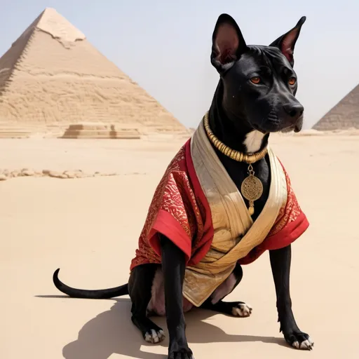 Prompt: black mountain cur dog dressed as yakuza in egypt