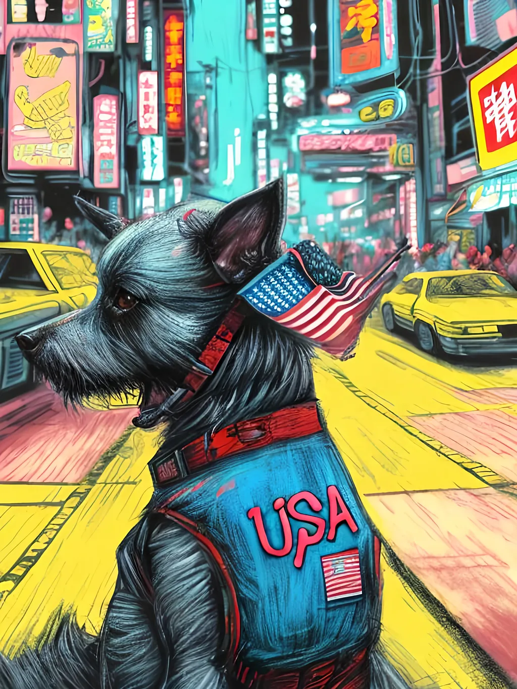 Prompt: pop art chalk pastel art of detailed dog wearing USA clothes playing in the streets in cyberpunk japan during a festival, sketch, detailed background, highres, fun atmosphere, natural lighting,  abstract, fun