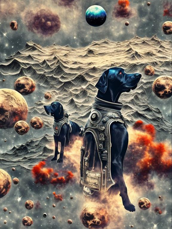 Prompt: Surrealism black dogs in gangster outfits in space, abstract art style, cowboy hat, fun atmosphere, floating celestial bodies, mysterious nebulae, dreamlike, surreal, high contrast, otherworldly, abstract, space, astronaut, fun atmosphere, celestial bodies, dreamlike, surreal, high contrast, mysterious, nebulae, dogs, usa, patriotic, trump