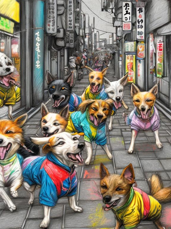 Prompt: pop art chalk pastel art of detailed dogs wearing clothes playing in the streets in japan during a festival, sketch, detailed background, highres, fun atmosphere, natural lighting,  abstract, fun