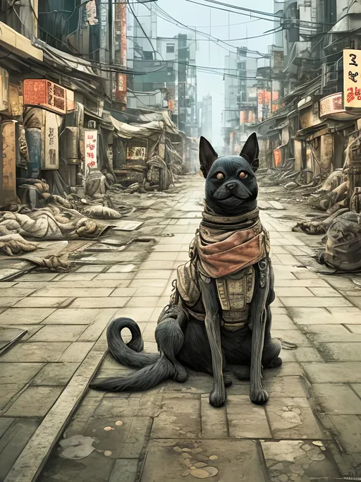 Prompt: chalk pastel style of a detailed dog in the streets in post-apocalyptic japan during a festival, sketch, detailed background, highres, fun atmosphere, natural lighting,  abstract, fun