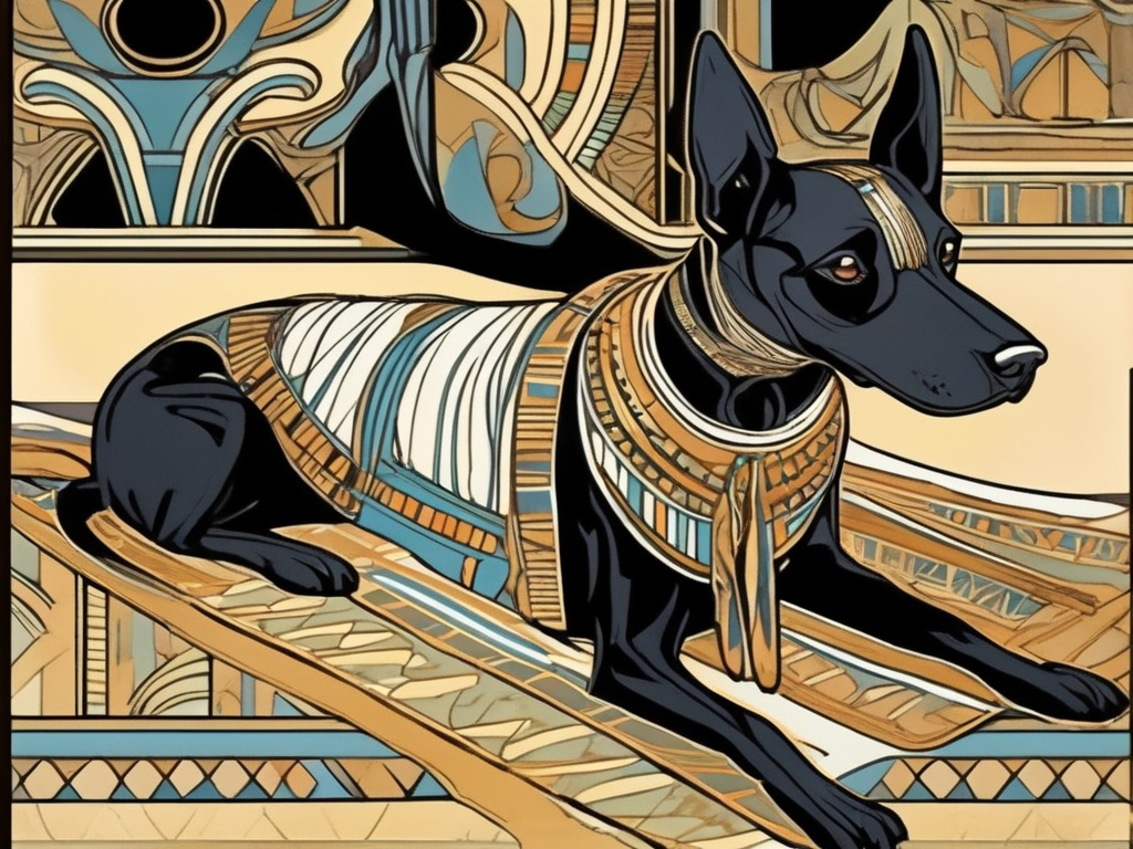 Prompt: Art Nouveau style black dog in egyptian clothing