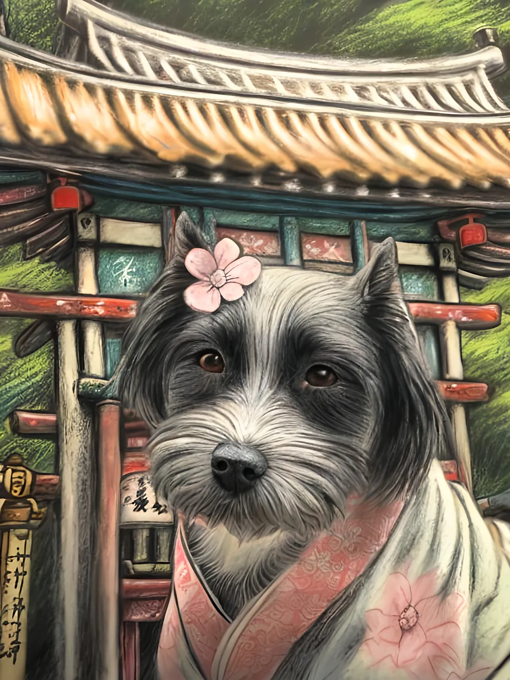 Prompt: chalk pastel style of a  detailed dog in a kimono at a shrine, sketch, detailed background, highres, fun atmosphere, natural lighting,  abstract, fun