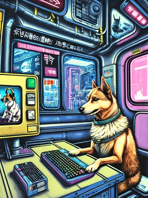 Prompt: pop art chalk pastel art of a detailed dog hacking a computer on the subway train in cyberpunk japan with planes in the background, sketch, detailed background, highres, fun atmosphere, natural lighting,  abstract, fun