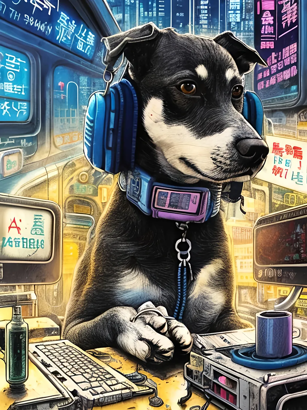 Prompt: pop art chalk pastel art of a detailed dog hacking a computer on the subway train in cyberpunk japan with planes in the background, sketch, detailed background, highres, fun atmosphere, natural lighting,  abstract, fun