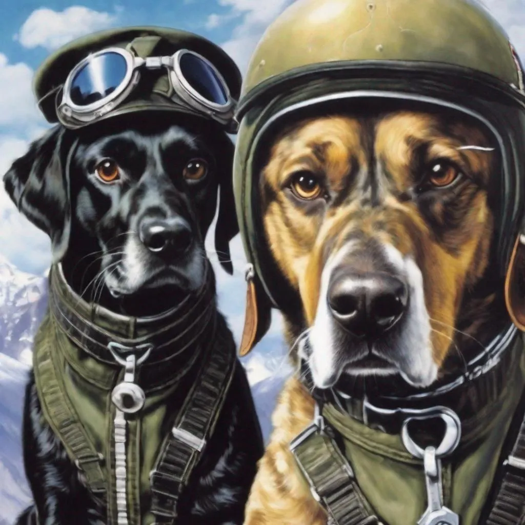 Prompt: mountain cur black dogs in pilots uniform 90s poster art