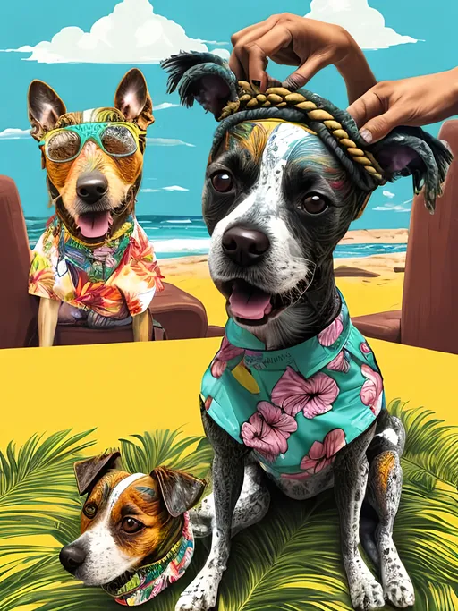 Prompt: pop art chalk pastel style of a  detailed dog getting its hair braided in a Hawaiian shirt in Jamaica, sketch, detailed background, highres, fun atmosphere, natural lighting,  abstract, fun