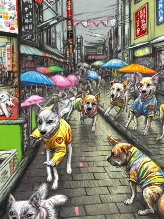 Prompt: pop art chalk pastel art of detailed dogs wearing clothes playing in the streets in japan during a festival, sketch, detailed background, highres, fun atmosphere, natural lighting,  abstract, fun