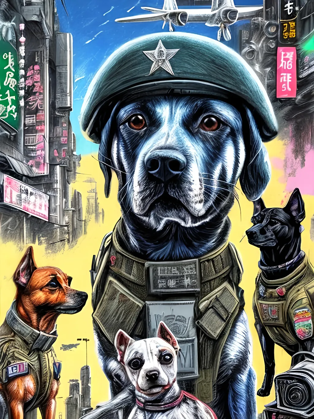 Prompt: pop art chalk pastel art of a detailed dogs wearing military uniforms on the streets in cyberpunk japan during a festival with planes in the background, sketch, detailed background, highres, fun atmosphere, natural lighting,  abstract, fun