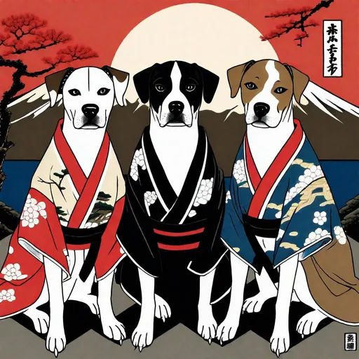 Prompt: black mountain cur dogs in hiroshige wearing yakuza clothes