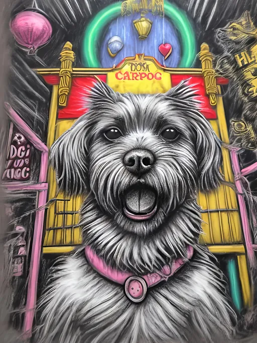 Prompt: pop art chalk pastel art of detailed dog in a haunted circus in Japan, sketch, detailed background, highres, fun atmosphere, natural lighting,  abstract, fun