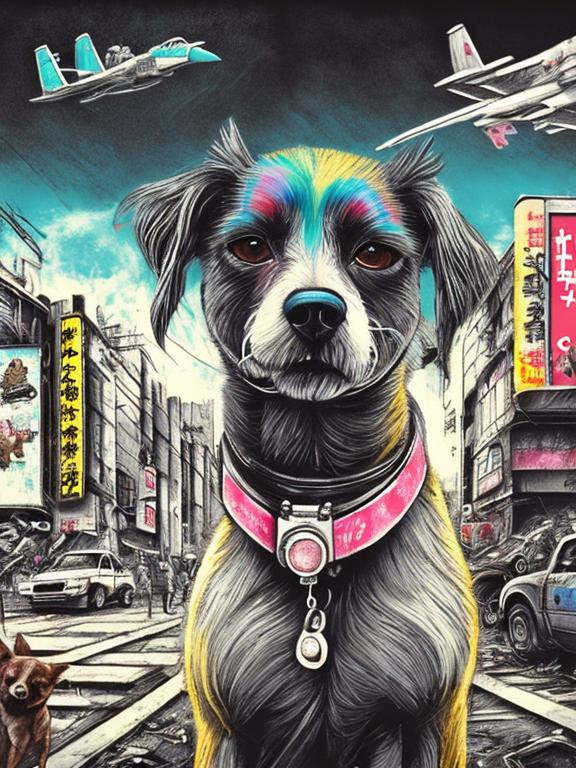 Prompt: pop art chalk pastel art of a detailed dog with a polaroid camera on the streets in post-apocalyptic Japan during a festival with planes in the background, sketch, detailed background, highres, fun atmosphere, natural lighting,  abstract, fun