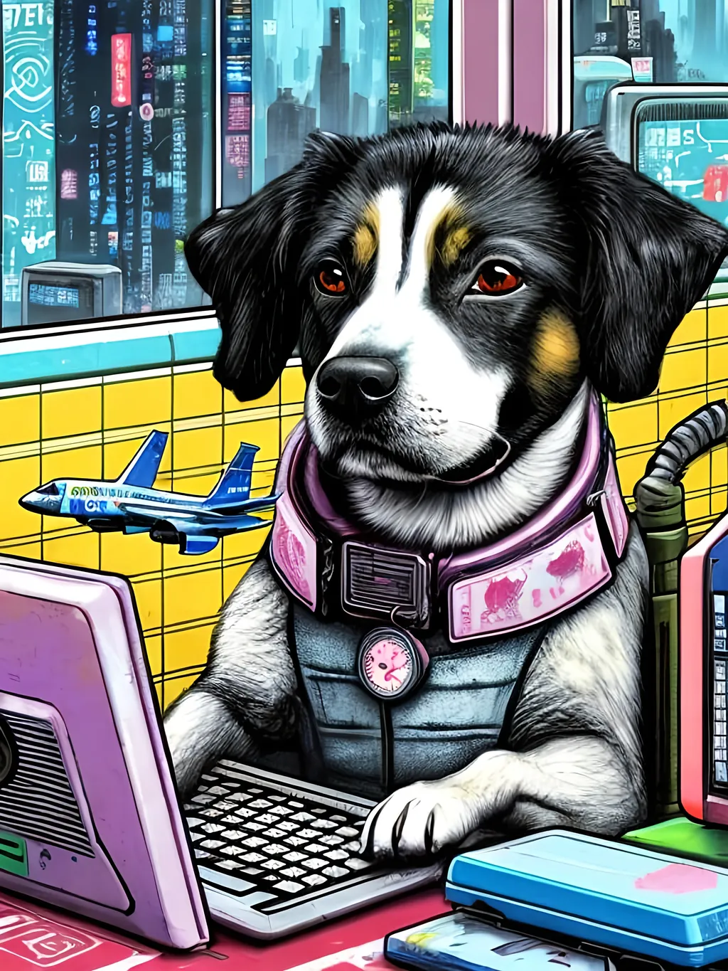 Prompt: pop art chalk pastel art of a detailed dog hacking a computer on the subway train in cyberpunk japan with planes in the background, sketch, detailed background, highres, fun atmosphere, natural lighting,  abstract, fun