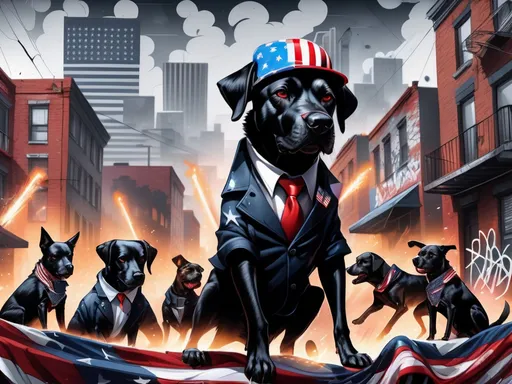 Prompt: Abstract art of a black dogs in gangster clothes, graffiti, streets, patriotic, detailed, atmospheric lighting, battle in the background, highres, abstract, gangster, detailed clothing, patriotic theme, streets, atmospheric lighting, dogs