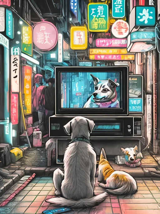 Prompt: pop art chalk pastel art of detailed dog watching tv in the streets in cyberpunk japan during a festival, sketch, detailed background, highres, fun atmosphere, natural lighting,  abstract, fun