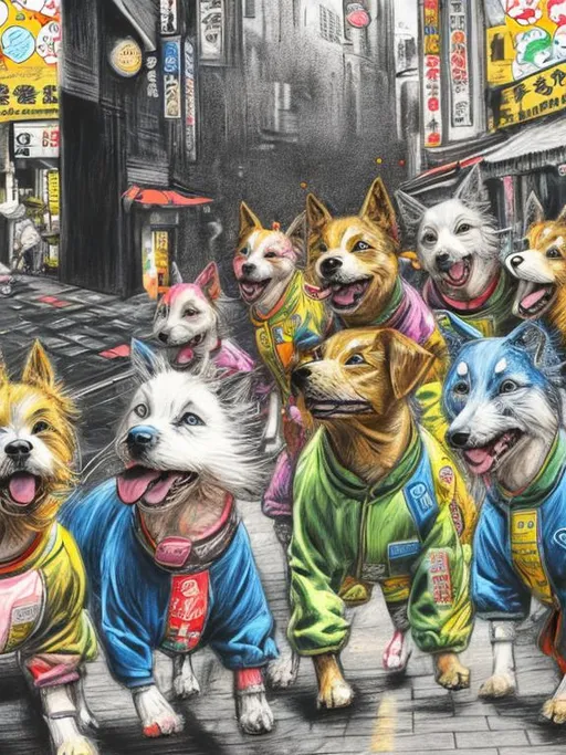 Prompt: pop art chalk pastel art of detailed dogs wearing clothes playing in the streets in japan during a festival, sketch, detailed background, highres, fun atmosphere, natural lighting,  abstract, fun