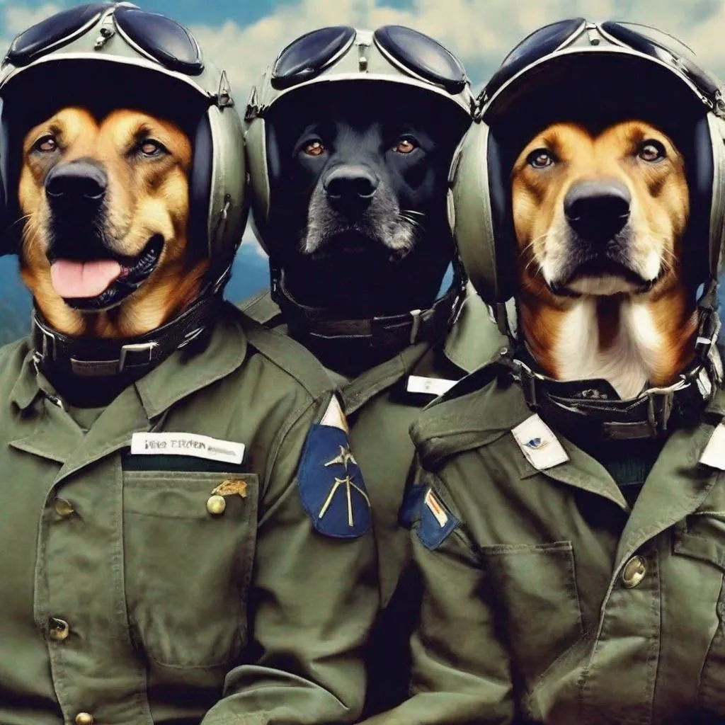 Prompt: mountain cur black dogs in pilots uniform 90s poster