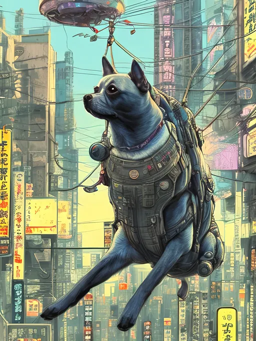 Prompt: chalk pastel style of a  detailed dog parachuting in cyberpunk japan, sketch, detailed background, highres, fun atmosphere, natural lighting,  abstract, fun