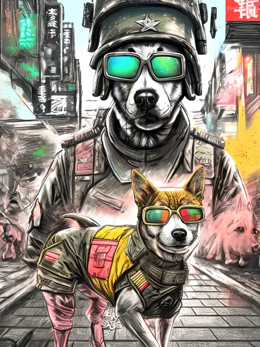 Prompt: pop art chalk pastel art of detailed dog wearing military uniforms<mymodel> playing in the streets in cyberpunk japan during a festival, sketch, detailed background, highres, fun atmosphere, natural lighting,  abstract, fun