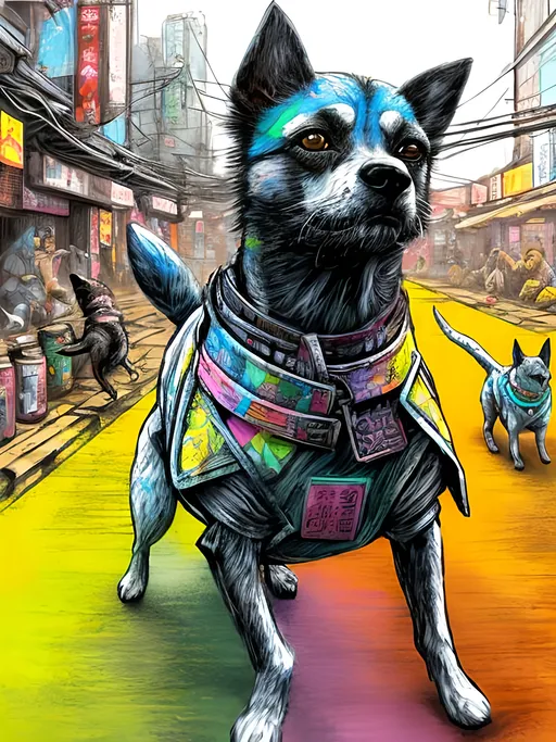 Prompt: pop art chalk pastel art of detailed dogs wearing ninja clothes playing in the streets in cyberpunk japan during a festival, sketch, detailed background, highres, fun atmosphere, natural lighting,  abstract, fun