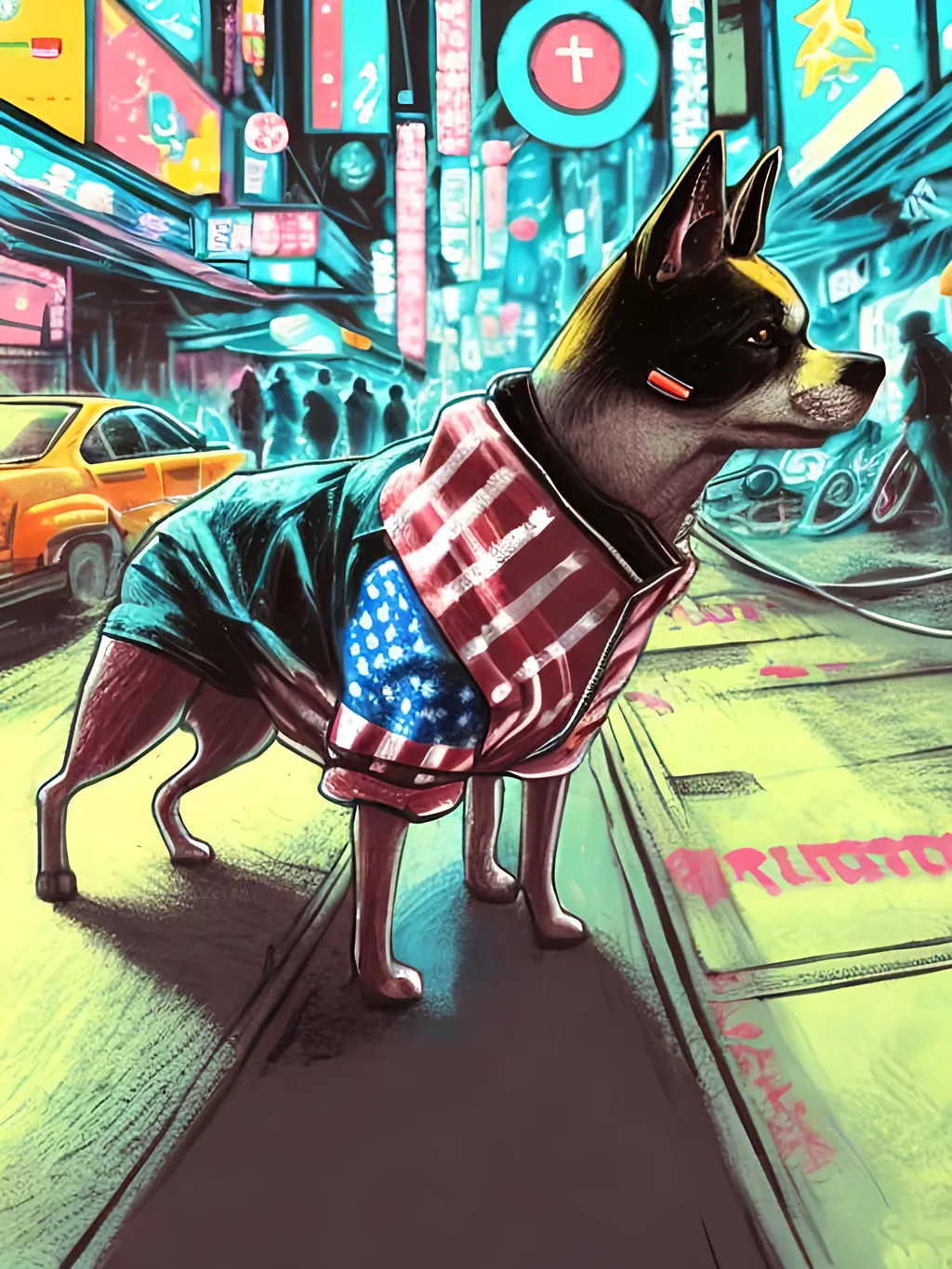 Prompt: pop art chalk pastel art of detailed dog wearing USA clothes playing in the streets in cyberpunk japan during a festival, sketch, detailed background, highres, fun atmosphere, natural lighting,  abstract, fun