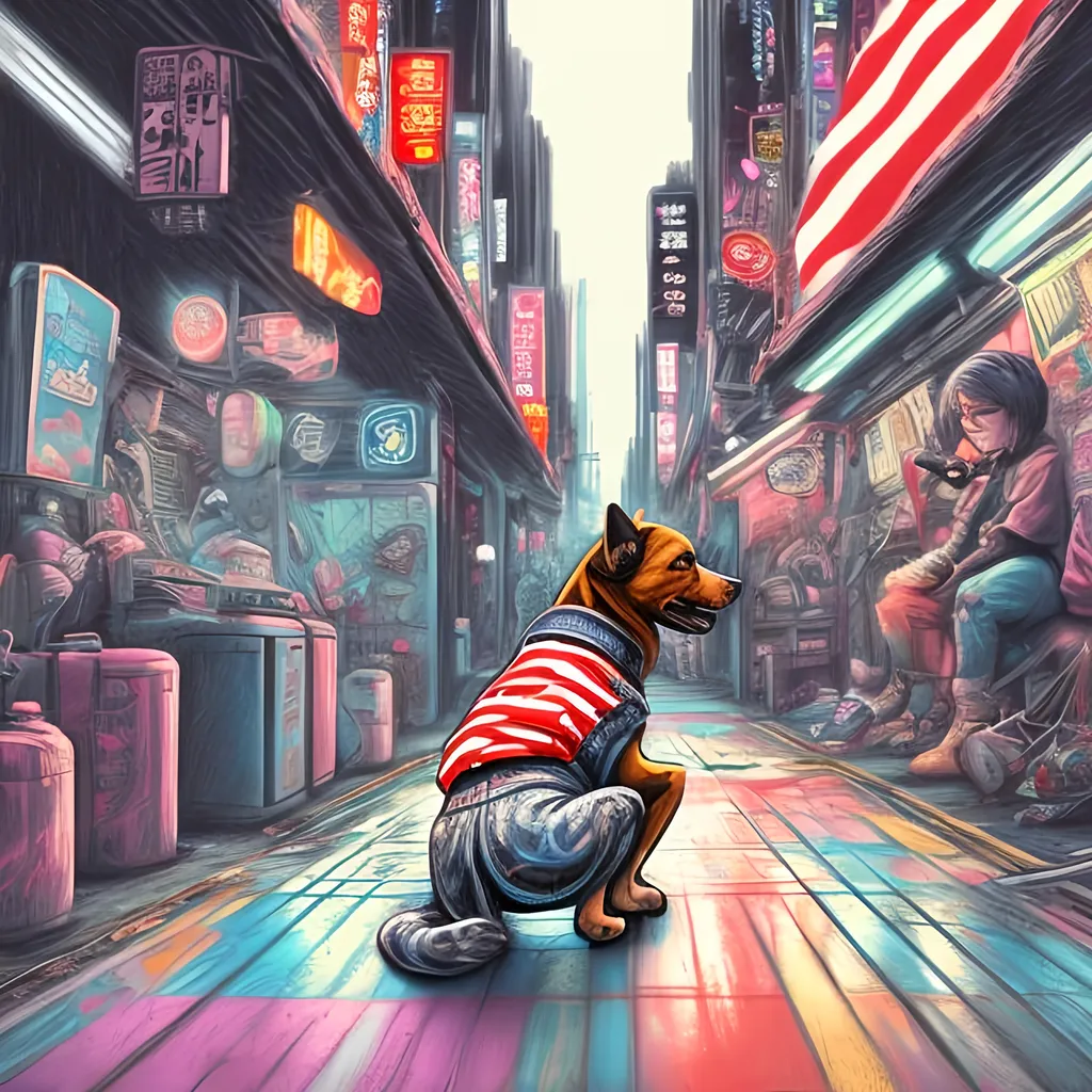 Prompt: pop art chalk pastel art of detailed dog wearing USA clothes playing in the streets in cyberpunk japan during a festival, sketch, detailed background, highres, fun atmosphere, natural lighting,  abstract, fun