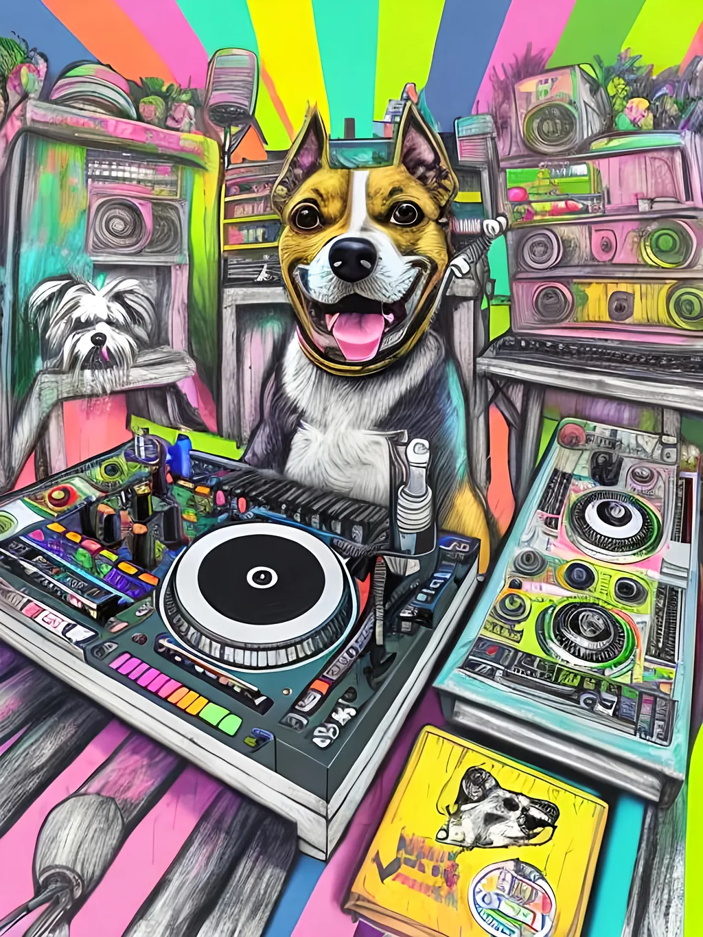 Prompt: pop art chalk pastel art of detailed dog DJing in Japan, sketch, detailed background, highres, fun atmosphere, natural lighting,  abstract, fun